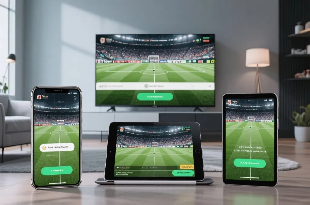手机、电脑和电视同时显示世界杯直播入口的多设备场景